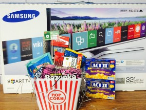 Movie Fien! This amazing baskets comes equipped with a 32in LED Samsung TV & 20 FREE Redbox rentals!