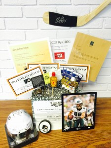 The ultimate basket for the Philadelphia sports fan! This basket is complete with autographed merchandise from the Flyers & Eagles, FLYERS TICKETS, Dinner for 2 at FADO, University of Delaware Football Tickets and more!!