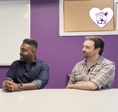 Terry and Jared sit at a table for an interview with AFTH